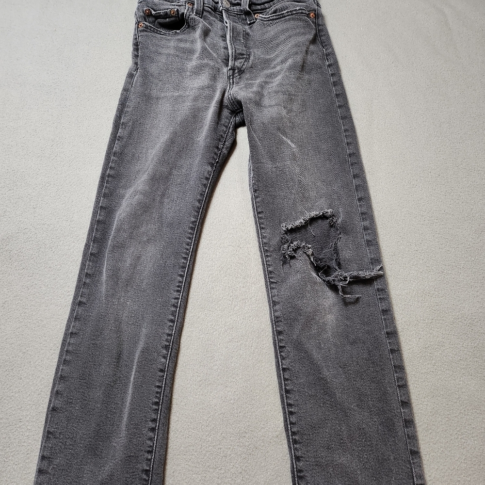 Levis Wedgie Straight Button Fly High Rise Premium Jeans Gray Black Wash Size 27 - Picture 3 of 14